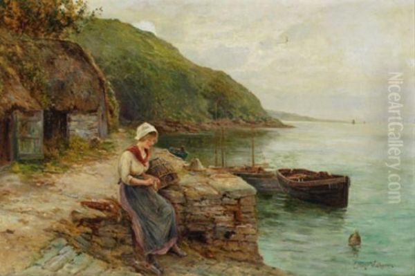 Fishergirl Knitting On Shore Oil Painting by Ernst Walbourn