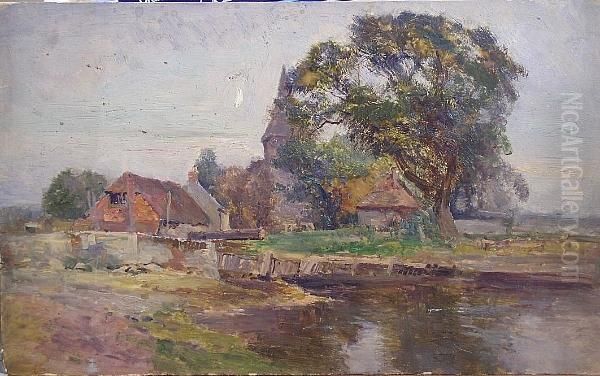 Country Landscape With Farm Buildings And River Oil Painting by Ernst Walbourn