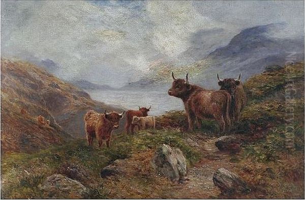 Highland Cattle Before A Loch Landscape Oil Painting by Ernst Walbourn