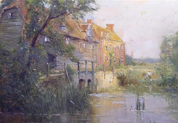 Riverside Cottage And Figures On A Bank Oil Painting by Ernst Walbourn