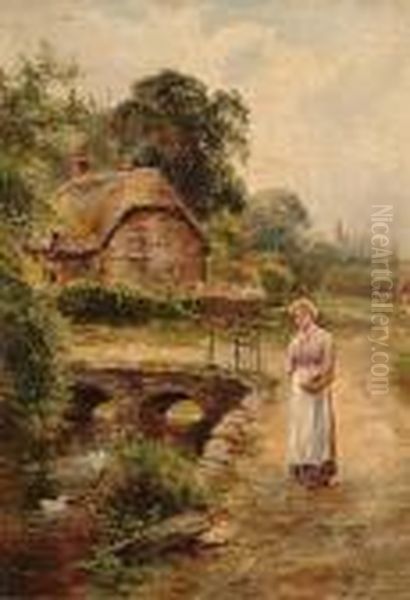 Cottage At Welford, Warwick; A Lane Near Winchester Oil Painting by Ernst Walbourn