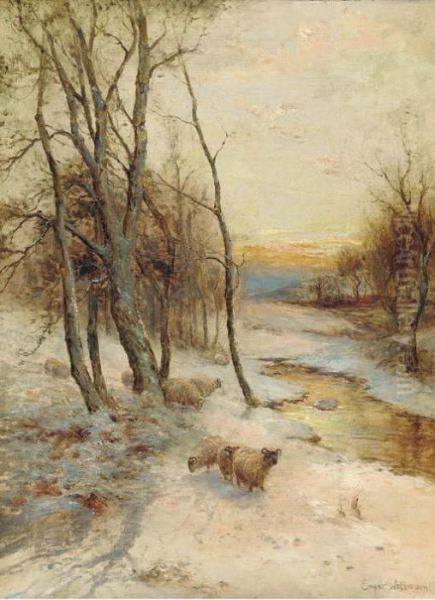 Sheep In A Winter Landscape, Evening Oil Painting by Ernst Walbourn