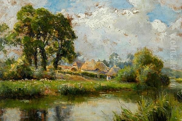 Children Before Cottages On The River Bank Oil Painting by Ernst Walbourn