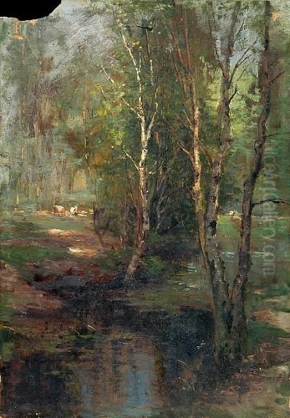 Cattle Grazing In A Forest Glade Oil Painting by Ernst Walbourn