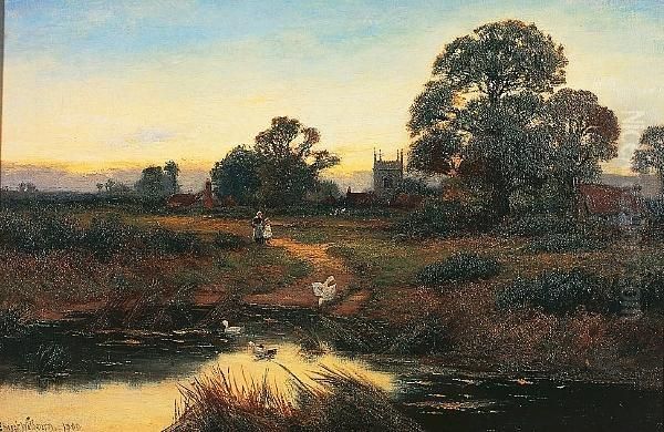 Figures And Ducks By A Village Pond Oil Painting by Ernst Walbourn