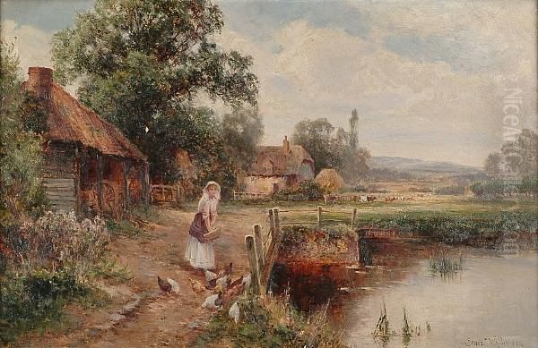 Extensive River Landscape With Girl Feeding Birds By A River In The Foreground Oil Painting by Ernst Walbourn