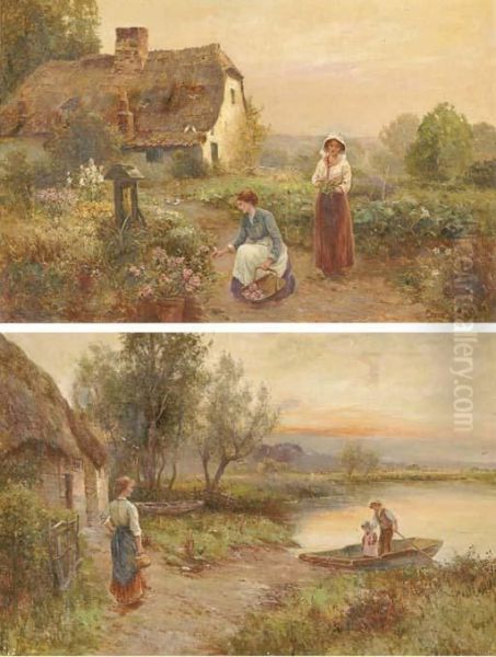 Home Before Dark; And Flower Pickers In A Cottage Garden Oil Painting by Ernst Walbourn