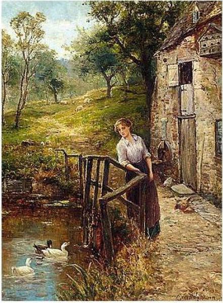 Young Lady At The Mill Pond Oil Painting by Ernst Walbourn