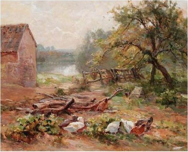 Chickens And Ducks By The Wood Pile Oil Painting by Ernst Walbourn