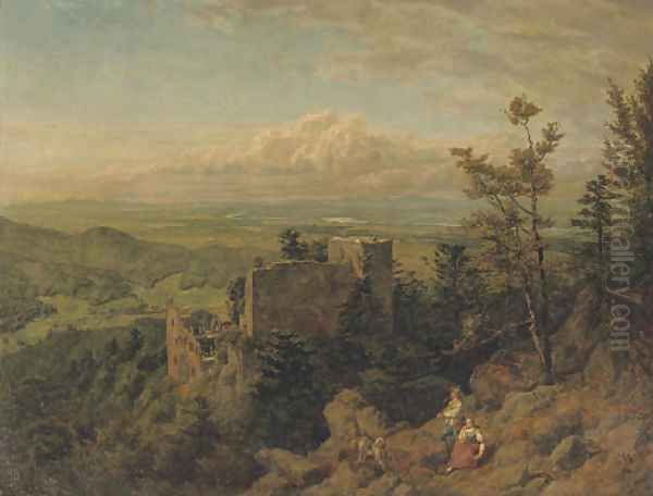 Die burgruine Hohenbaden looking out over the Rhein valley, Baden Baden Oil Painting by Hans Thoma