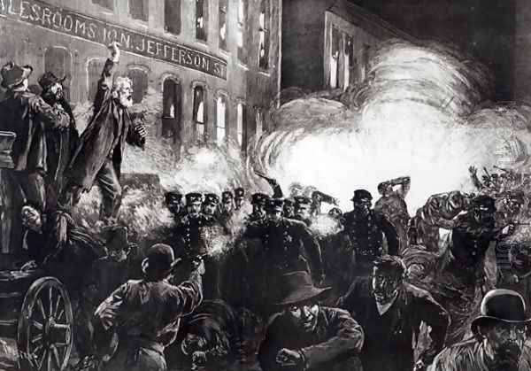 The Anarchist Riot in Chicago- A Dynamite Bomb Exploding Among the Police, from Harpers Weekly Oil Painting by Thure de Thulstrup