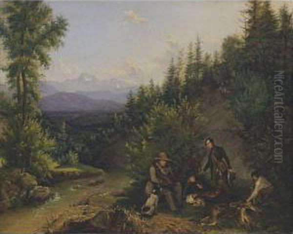 Rastende Jagdgesellschaft Am Bachufer (resting Huntsmen) Oil Painting by Ferdinand Georg Waldmuller