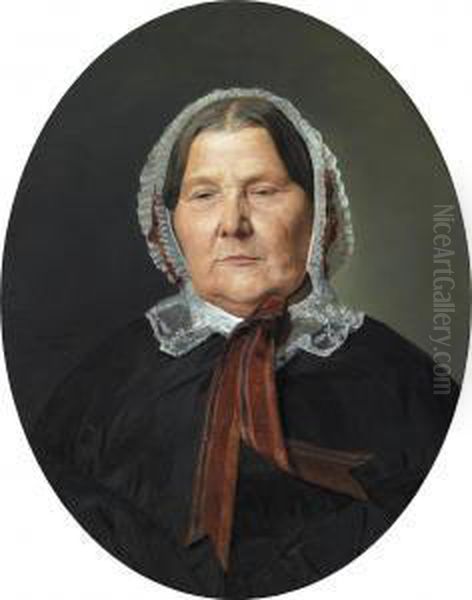 Old Woman In Black Dress And White Ruched Bonnet With Red Ribbons Oil Painting by Ferdinand Georg Waldmuller