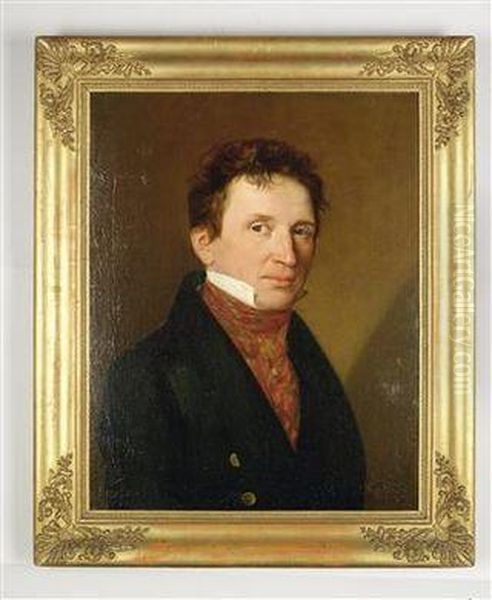 Portrait Eines Herren In Schwarzem Rock Mithalstuch Und Einer Anstecknadel by Ferdinand Georg Waldmuller