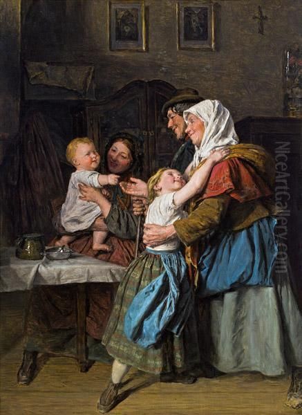 Visit From The Grandparents Oil Painting by Ferdinand Georg Waldmuller