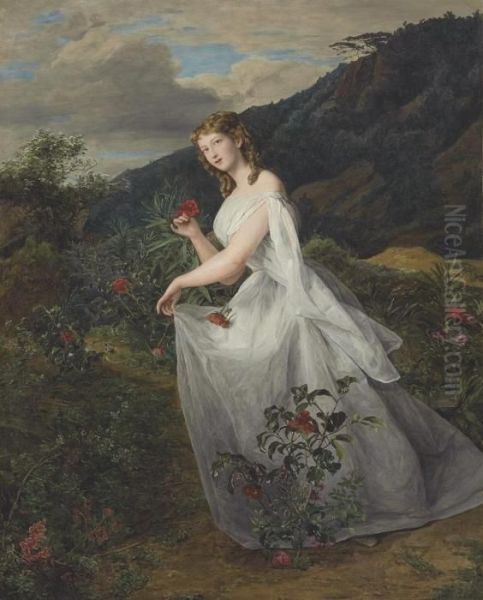 Young Lady In A White Dress Oil Painting by Ferdinand Georg Waldmuller