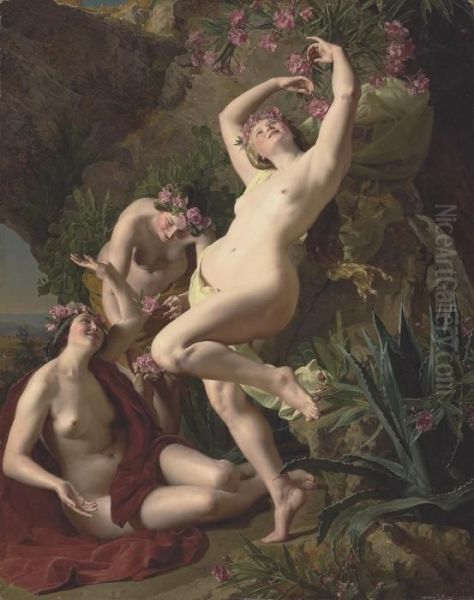 Three Graces Garlanded With Roses Oil Painting by Ferdinand Georg Waldmuller