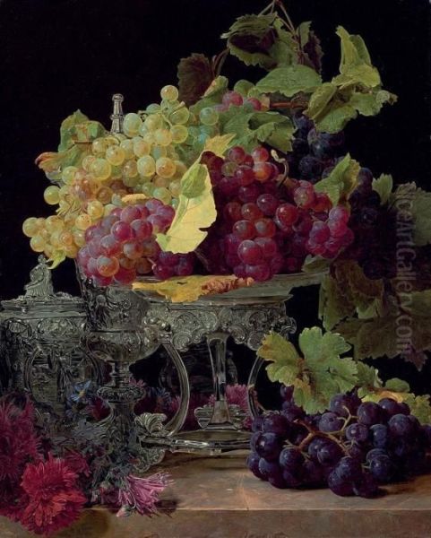 Red And White Grapes And Silver Tableware On A Marble Ledge Oil Painting by Ferdinand Georg Waldmuller