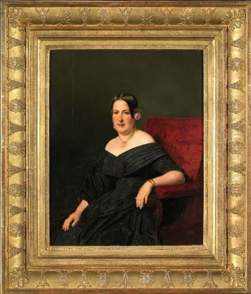 Bildnis Einer Eleganten Dame In Schwarzem Kleid, In Einem Roten Lehnstuhl Sitzend Oil Painting by Ferdinand Georg Waldmuller