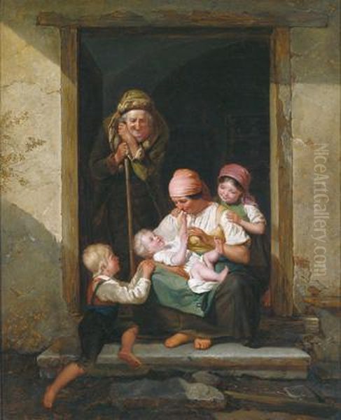 19th Century Copy A Mother With Her Children Oil Painting by Ferdinand Georg Waldmuller