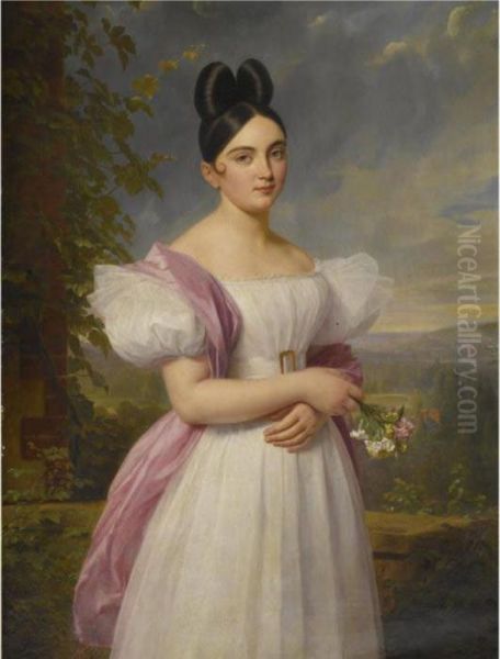 Portrait Of A Young Woman In A Landscape Oil Painting by Ferdinand Georg Waldmuller