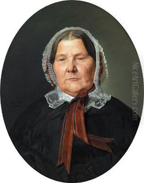 Vecchia Donna In Abito Nero Con Cuffietta Biancacon Ruches E Nastri Rossi Oil Painting by Ferdinand Georg Waldmuller