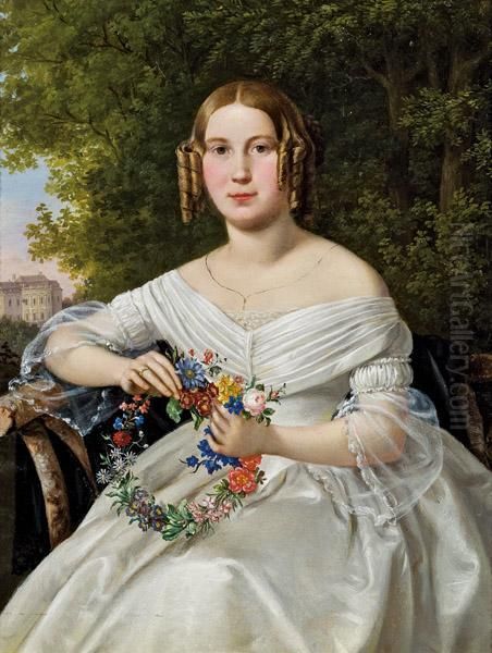 Dame Mit Blumenkranz Oil Painting by Ferdinand Georg Waldmuller