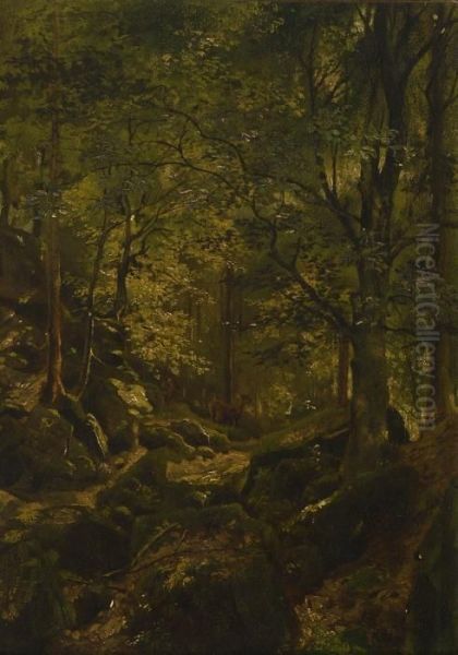 Waldinneres Mit Rehen. Oil Painting by Ferdinand Georg Waldmuller