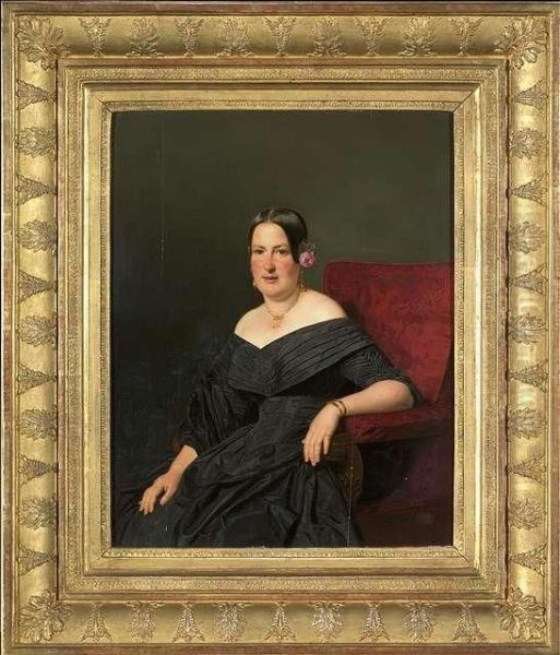 Portrait Of An Elegant Lady 
Sitting In A Red Recliner And Wearing A Black Robe. Oil/panel, Verso 
Inscribed. The Painting's Authenticity Has Been Confirmed By Prof. 
Rudolf Leopold, Vienna Oil Painting by Ferdinand Georg Waldmuller