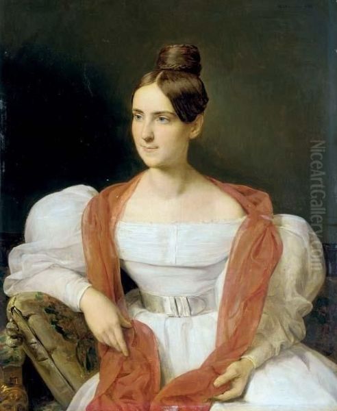 Junge Frau In Weissem Kleid Und 
Rotem Schall (portrait Of A Young Lady In A White Dress And Red Shawl) Oil Painting by Ferdinand Georg Waldmuller