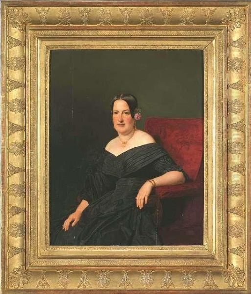 Portrait Of An Elegant Lady Sitting In A Red Recliner And Wearing A Black Robe by Ferdinand Georg Waldmuller