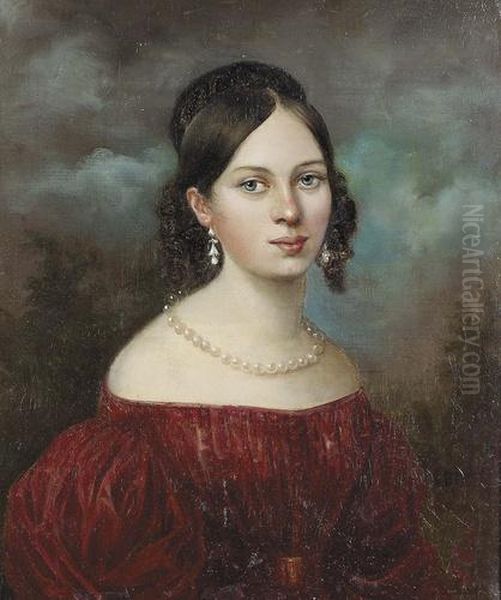 Portrat Einer Jungen Dame In Rotem Kleid. Oil Painting by Ferdinand Georg Waldmuller