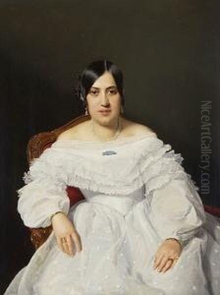 Junge Dame In Weisem,
 Ruschenbesetztem Kleid. Oil Painting by Ferdinand Georg Waldmuller