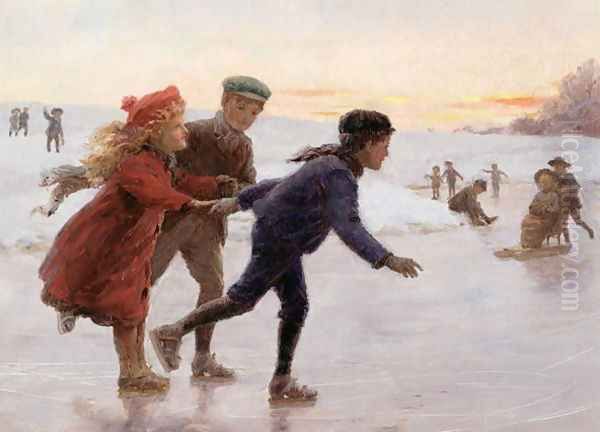 Children Skating Oil Painting by Percy Tarrant