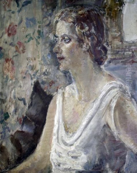 Portrait Of A Lady Wearing A White Dress by Ethel, Dame Walker