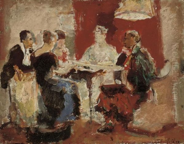 Bridge Players (verso); Study Of A Lady Reading (recto) Oil Painting by Ethel, Dame Walker