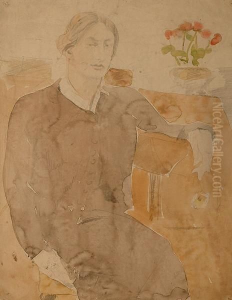 Portrait Of A Woman With A Vase Of Red Flowers. Oil Painting by Ethel, Dame Walker