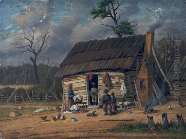 Washday Cabin Scene With Chimney Pole, Cereal Field Beyond And Distant Mountain Skyline Oil Painting by William Aiken Walker