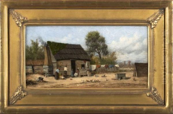 Southern Cabin Scene With Family
 Surrounded By Chickens And Laundry Hanging On A Wood Fence Oil Painting by William Aiken Walker