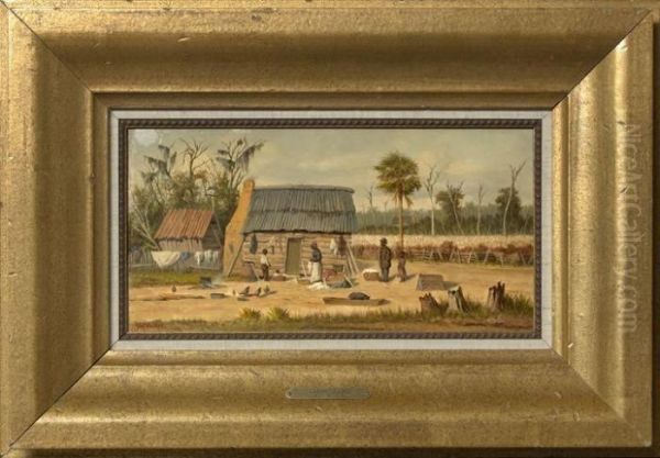 View Of A Cabin Beside A Cotton Field With Family Oil Painting by William Aiken Walker