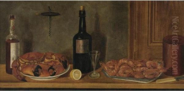 Still Life With A Bottle Of Cognac, Crabs And Prawns Oil Painting by William Aiken Walker