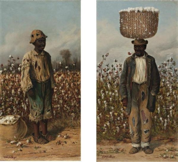 Cotton Picker With Basket And Cotton Picker: A Pair Of Paintings Oil Painting by William Aiken Walker