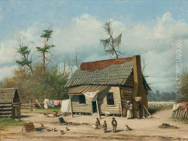 Cabin Scene With Children, Animals & Cotton Field Oil Painting by William Aiken Walker