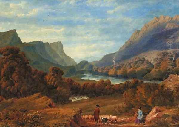 A shepherd herding sheep on a track in a Welsh valley Oil Painting by William Turner