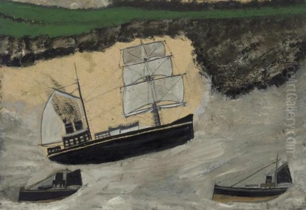 Three Steamers Oil Painting by Alfred Wallis