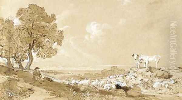 A shepherd resting beneath a tree with a view of Gloucester in the distance Oil Painting by William Turner