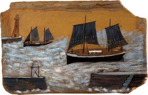 Shipping Off A Harbour Wall With Lighthouse Oil Painting by Alfred Wallis