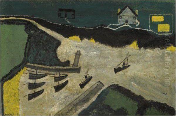 Fishing Boats Entering A Harbour Oil Painting by Alfred Wallis