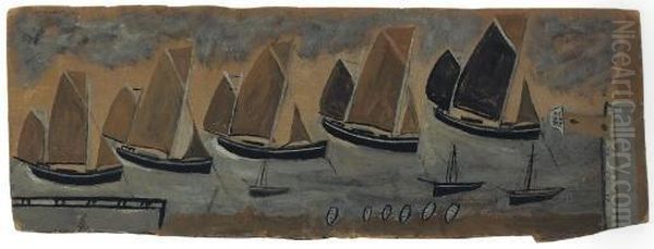 St Ives Harbour With Five Sailing Boats Oil Painting by Alfred Wallis