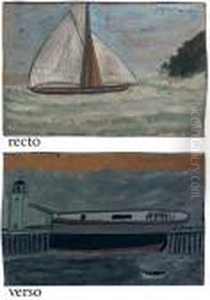 Yacht (recto); Mastless Boat, Dinghy And Lighthouse (verso) Oil Painting by Alfred Wallis